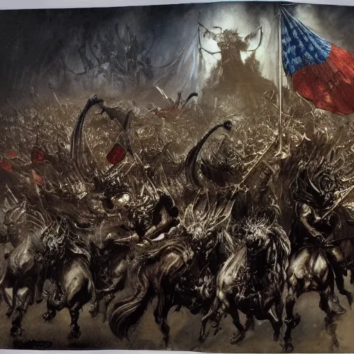 Image similar to an army of undead riding beasts with flag bearers and trumpeters, intricate detail, royo, vallejo, frazetta, giger, whealan,