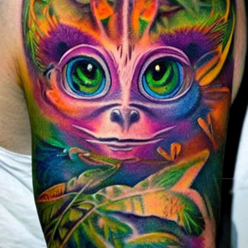 Image similar to shoulder tattoo of a multicolored psychedelic cute bush baby, eyes are colorful spirals, surrounded with colorful sparkeling flowers and irisdescent marihuana leaves, insanely integrate