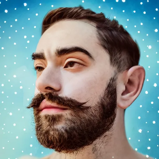 Prompt: a portrait of a man with flowers grow in the beard, roses peonies forget-me-nots dahlias lupins gladioli, sky theme in background, 35mm Photograph, 4K Resolution, Astrophotography, Digital Art, Trending on artstation