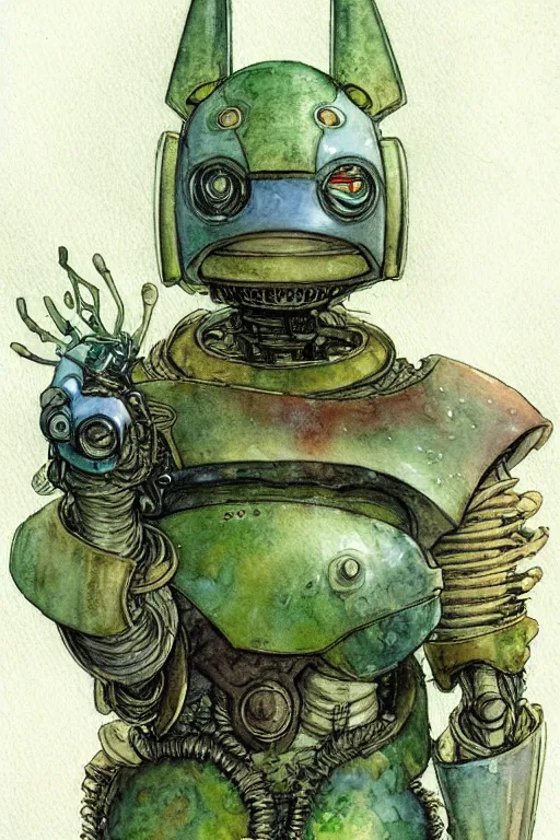 Image similar to a realistic and atmospheric watercolour fantasy character concept art portrait of a mechanized android turtle as a druidic warrior wizard looking at the camera with an intelligent gaze, very muted colors, by rebecca guay, michael kaluta, charles vess and jean moebius giraud