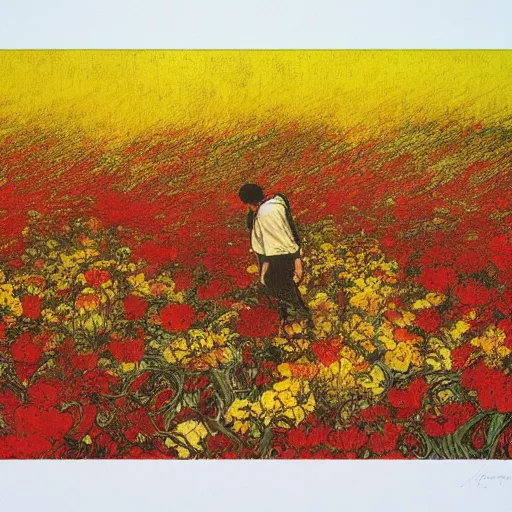 Prompt: 3 people in red desert drowning in a sea of yellow flowers, highly detailed, intricate, surreal, painting by Franz Marc, part by Yoji Shinkawa, part by Norman Rockwell