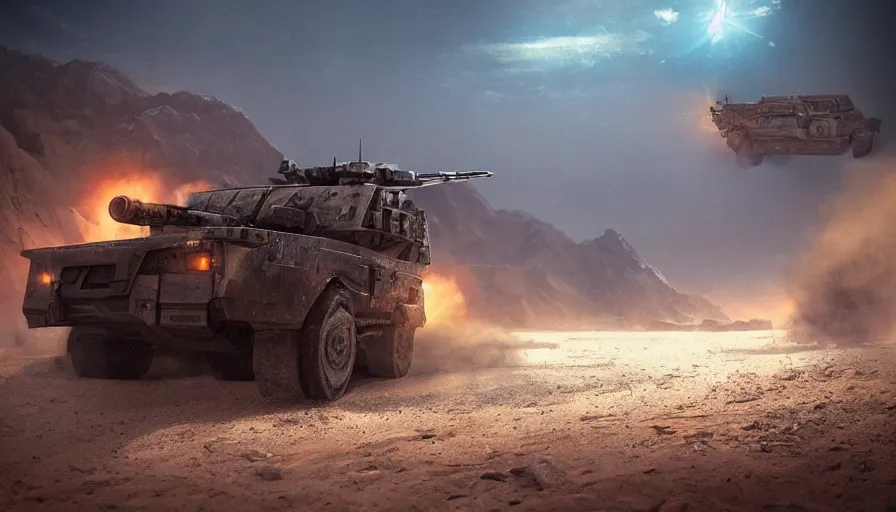 Prompt: an image of an armored vehicle in the desert with blue headlights on by Paul Chadeisson, atmospherical, concept art, high detail, intimidating , cinematic, firing main weapon, muzzle flash, Artstation trending, octane render