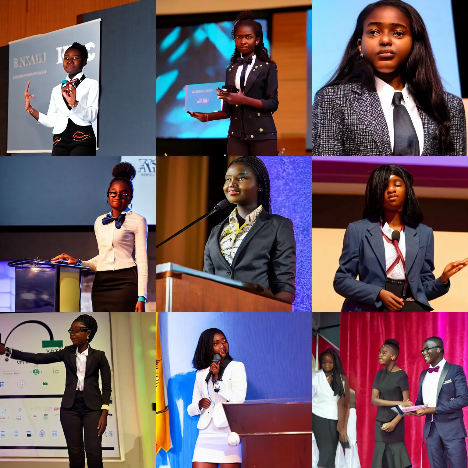 Prompt: A teenage African girl billionaire CEO, wearing a formal suit and tie, on stage, giving a presentation