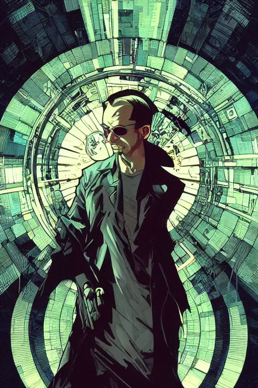 Prompt: comic book illustration, thom yorke as agent smith from the matrix, cyberpunk concept art by artgerm and Alphonse Mucha and Moebius, highly detailed, intricate, sci-fi, sharp focus, Trending on Artstation HQ, deviantart