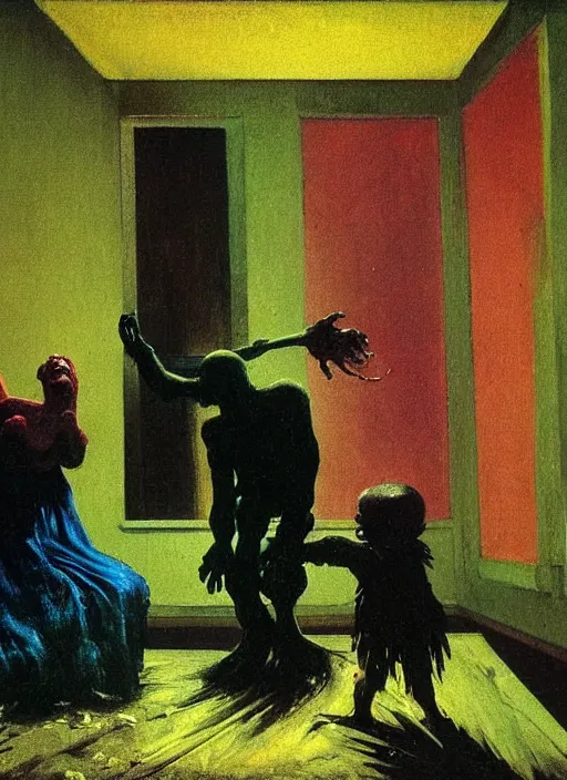 Image similar to two dark figures laughing and a glowing child inside a decayed contemporary living room with large tree in the style of Francis Bacon and Zdzislaw Beksinski, Edward Hopper and Norman Rockwell, highly detailed, very coherent, triadic color scheme