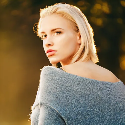 Image similar to a beautiful photo of a very beautiful blonde woman with her head slightly tilted backwards, a sunshine ray across her face, hyper detailed, realistic, 3 5 mm, 4 k