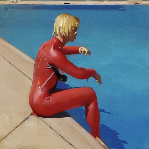 Prompt: a blond lifeguard in a wetsuit watching the pool vigilantly. Kuvshinov ilya. Repin. Phil Hale. Masterpiece. Rule of thirds