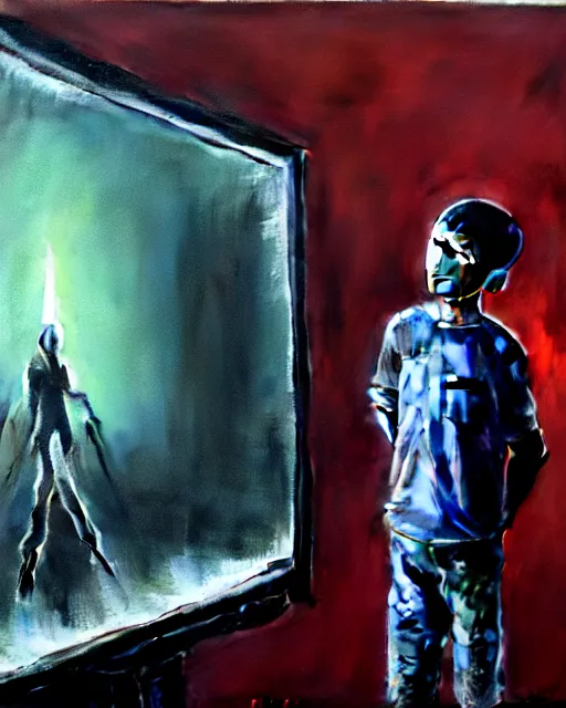 Image similar to an 8 years old enlightened and scared boy standing in front of an old computer with a game doom2 at the monitor screen painted by Adrian Ghenie, by Gerhard Richter. still from a 2021 movie by James Cameron. expressive acrylic oil flowing smudged painting