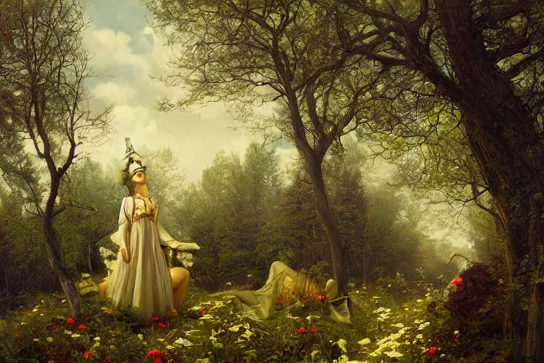 Image similar to landscape, trees with popcorn crowns, surreal by Tom Bagshaw, Ivan Shishkin, Hans Thoma, Asher Brown Durand