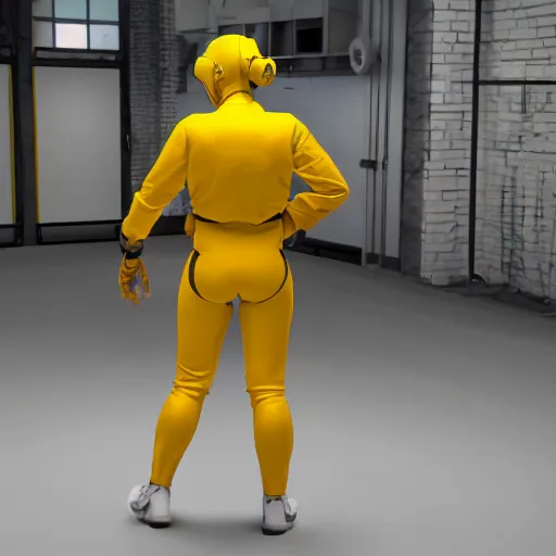 Prompt: « a person wearing yellow hazma suit, in a laboratory, photorealistic, unreal engine 5, full body portrait, back view »