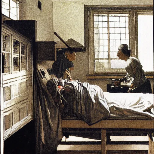 Prompt: built physique elderly cyborg weeping desperate grandma trying to figure out how to order an online pizza sitting within the hospital bed glaring at her lenovo thinkpad laptop t 4 1 0 8 gb ram norman rockwell rembrandt vermeer winslow homer thomas eakins lucian freud edward hopper oil painting anachronistic realism