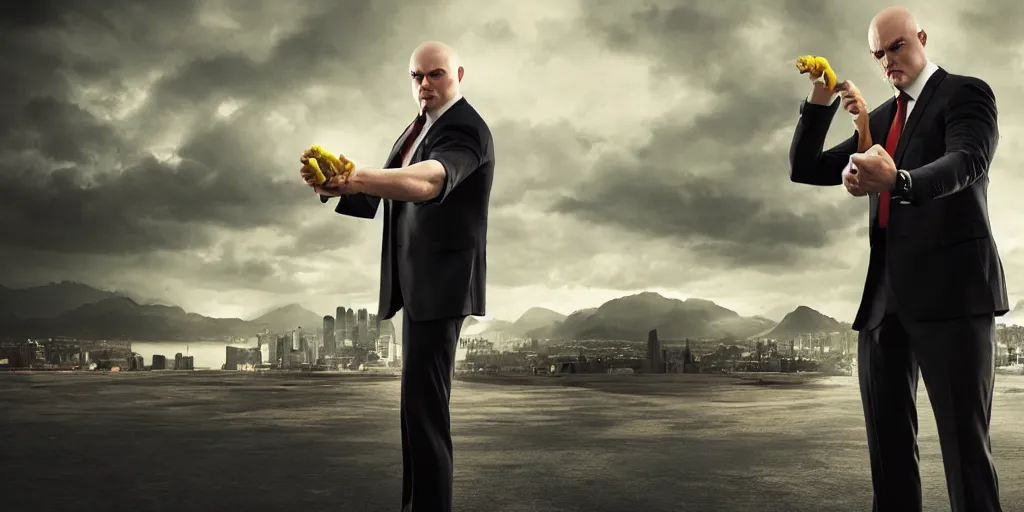 Image similar to agent 4 7 holding a banana, studio photo, award winning photography, dynamic lighting, hdr, stunning scenery, 8 k, incredible detail, beautiful