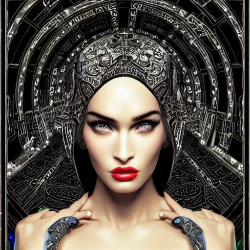 Image similar to the portrait of an absurdly elegant, sophisticated, fashionable ottomanpunk robotess idol, an ultrafine illustration of young african megan fox mix by kim jisu, intricate linework, neon wiring, fashion, porcelain skin, unreal engine 5 highly rendered, global illumination, radiant light, detailed and intricate environment, by rutkowski, artgerm, marvel comics