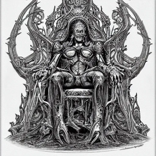 Prompt: pencil illustration. the god emperor on his golden throne. 4 0 k. body horror. in the style of giger.