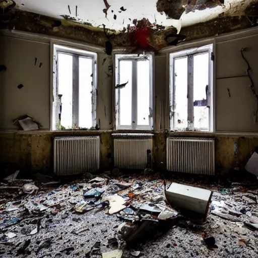 Prompt: Award winning photo of a living room of a flat abandoned 3 moths ago, 4k, urban exploring, high quality, messy