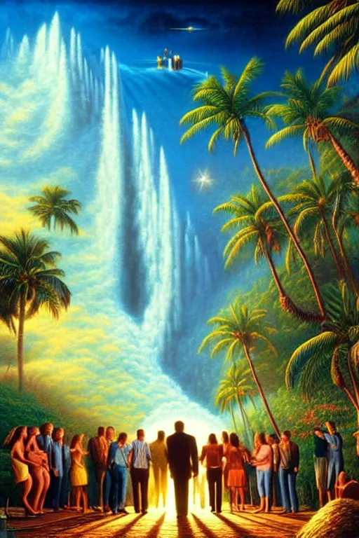 Prompt: a photorealistic detailed cinematic image of a man being met by friends and family in paradise, overjoyed, emotional, compelling, by pinterest, david a. hardy, kinkade, lisa frank, wpa, public works mural, socialist