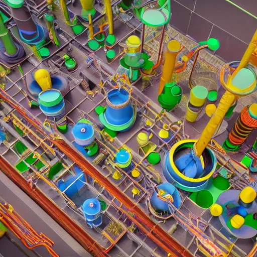 Prompt: 3 d render of a factory videogame. producing magic potions. factorio, rube goldberg. bright and colorful, minimalist. contraptions. clean, arnold render with raytracing.