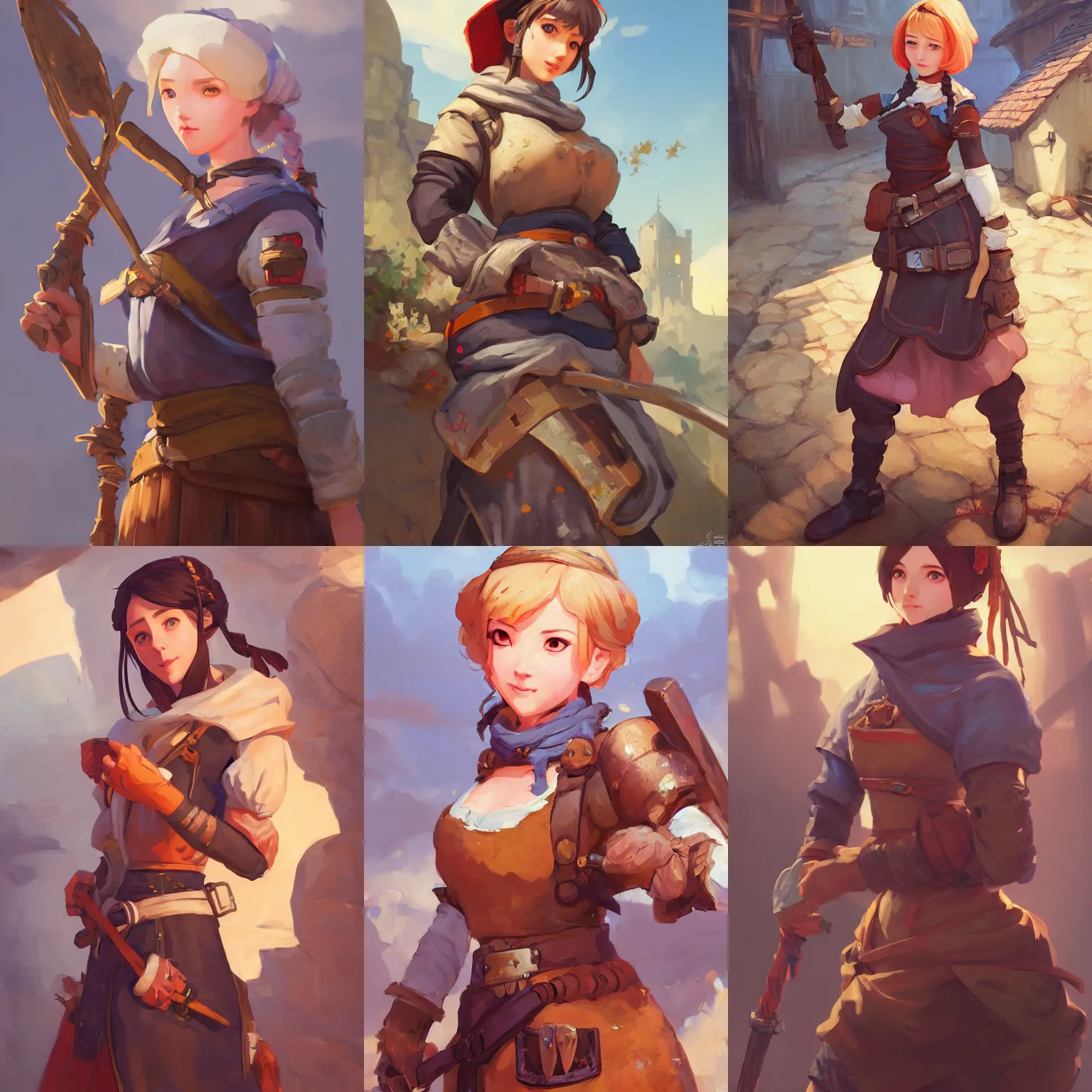 Prompt: a portrait of a cute female medieval peasant, rustic setting, overwatch art team, action pose, vivid colors, soft lighting, atmospheric, cinematic, moody, splash art in the style of ilya kuvshinov and range murata, oil on canvas, 8 k