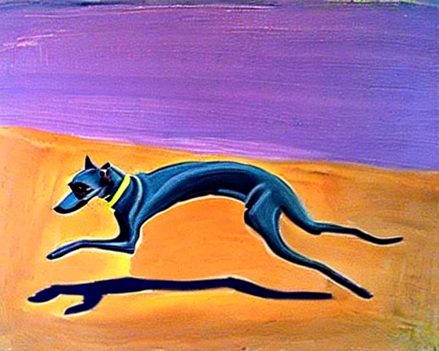 Image similar to close-up of a whippet running at beach, painting by david hockney, highly detailed