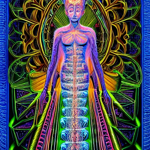 Image similar to 3 d goddess minerva, medium shot portrait. beautiful hyperrealistic intricate highly detailed and richly embroidered with esoteric symbols gown, surrounded by stacks of books bioluminescent, curious, plasma,, artwork by alex grey and salvador dali