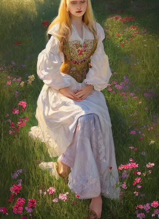 Prompt: a professional painting of an russian young blonde girl intricate, wearing russian folk clothes, in the morning light, at the beautiful river, surrounded by flowers, elegant, digital painting, concept art, smooth, sharp focus, finely detailed illustration, beautifully framed, from Metal Gear, in the style of Artgerm and Greg Rutkowski and William-Adolphe Bouguerea