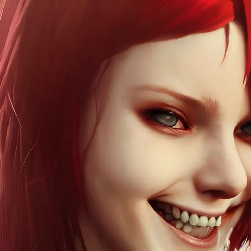 Image similar to a red haired girl with an eyepatch smiling, digital art, 8 k resolution, unreal engine, highly detailed, pretty face, very beautiful face, sharp teeth, curvy teeth, very detailed eyes, photorealistic by wlop, greg rutkowski