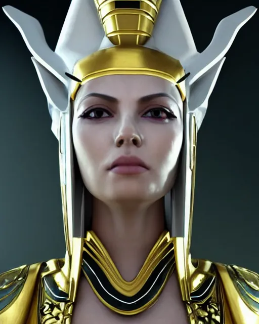 Image similar to perfect white haired attractive egyptian goddess, warframe armor, pharaoh headdress, beautiful, symmetric, dreamy, half asian, pretty face, green eyes, charlize theron, detailed, scifi platform, laboratory, experiment, 4 k, ultra realistic, epic lighting, android body, illuminated, cinematic, masterpiece, art by akihito tsukushi, voidstar