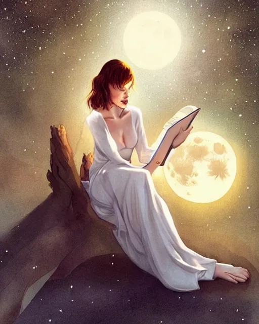 Image similar to milla jovovich in white nightgown reading a book by the river, face by otto schmidt, a full moon on the horizon, dark starry sky, dreamy fantasy ambience with golden orbs and fireflies, detailed gothic illustration bright moon light, by charlie bowater