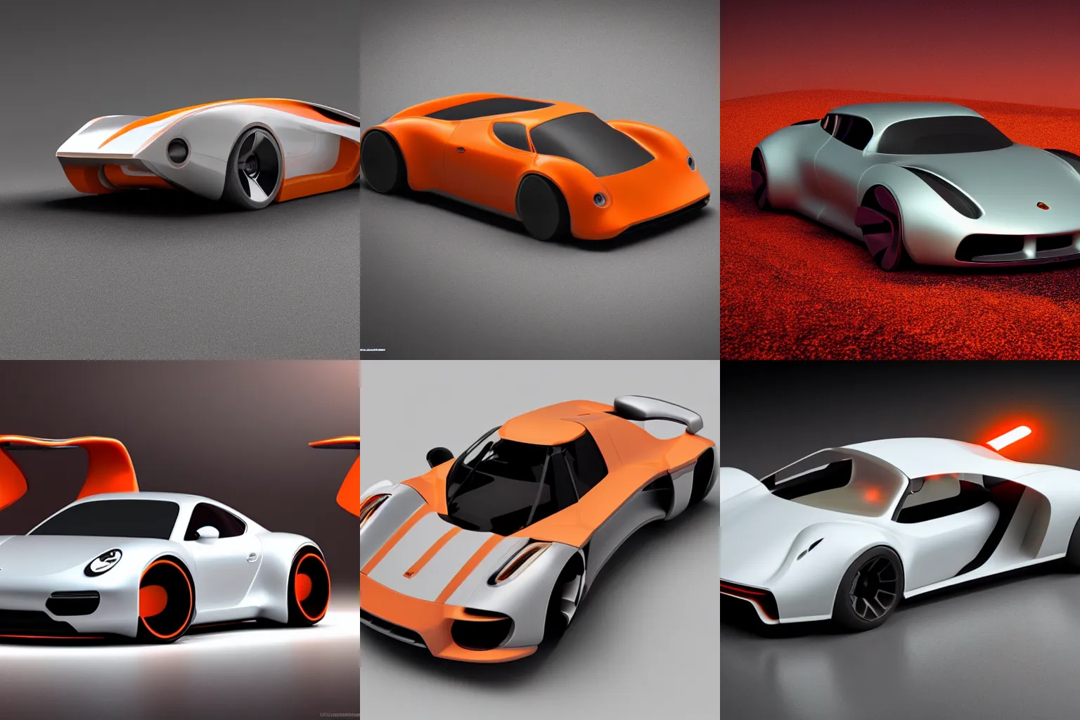 Prompt: futuristic Porsche designed by Apple white on grey studio lightening orange accents octane render