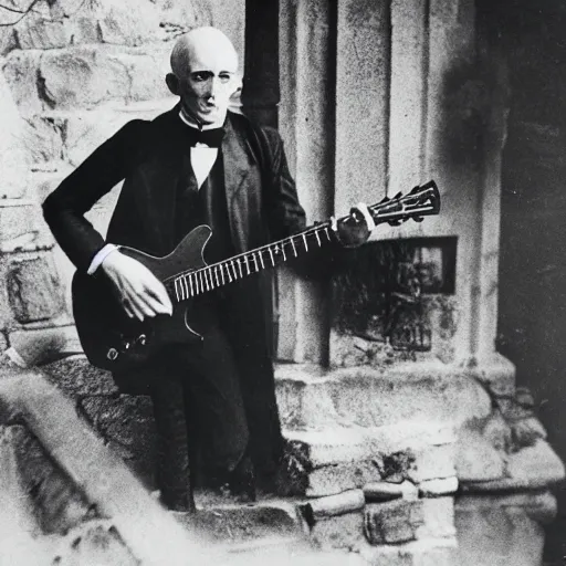 Image similar to vintage photograph of count orlok outside his castle, playing the blues on guitar, castle in the background, 4 k