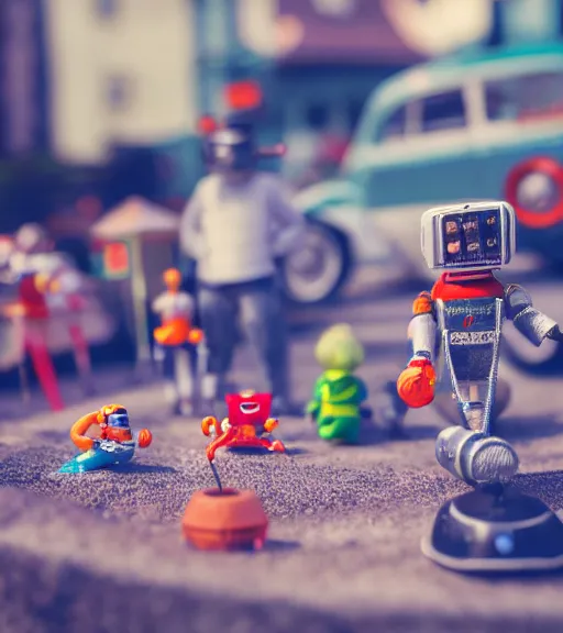 Image similar to high quality presentation photo of a a detailed miniature diorama of retro toy robots invading a detailed model of a 1950s town, photography 4k, f1.8 anamorphic, bokeh, 4k, Canon, Nikon