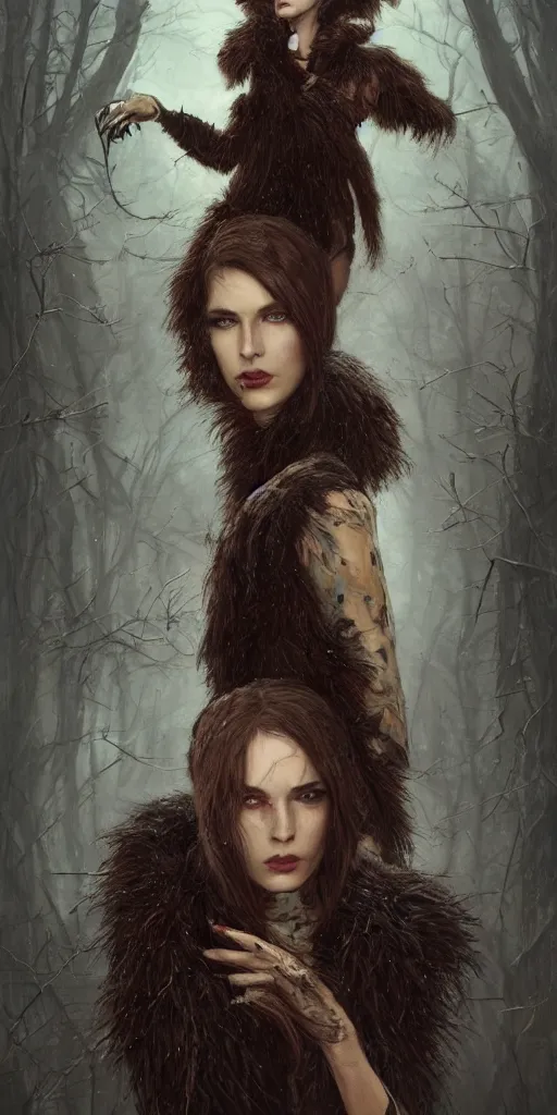 Prompt: a hardcore longshot portrait of a tall dark sombre woman wearing furs in autumn, hyperrealistic, highly detailed, intricate, sci-fi, sharp focus, trending on Artstation HQ, deviantart, unreal engine 5, 4K UHD image, in the style of Tom Bagshaw, Cedric Peyravernay, Peter Mohrbacher