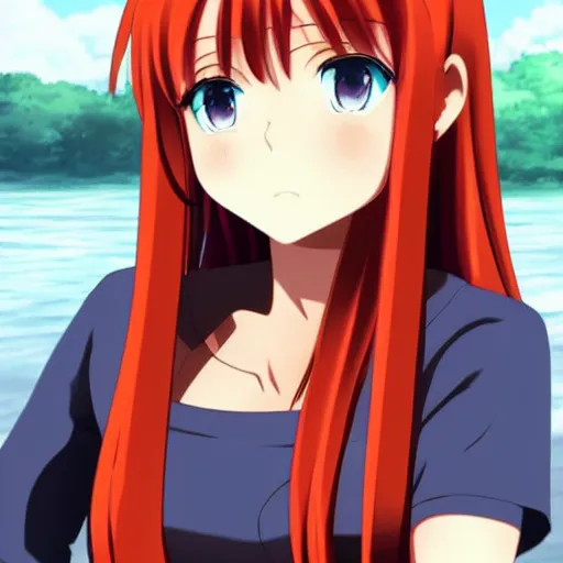 Prompt: A Beautiful Anime Girl with red hair and blue eyes at a lake, character design, facial symmetry, vivid