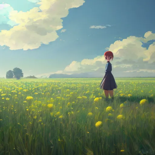 Image similar to field of dandelions. cgsociety masterpiece, artstation trending, by rossdraws, ghibli, kimi no na wa, greg rutkowski, simon stalberg, greg manchess