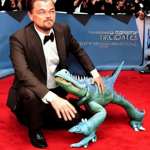 Image similar to Leonardo DiCaprio fighting a dinosaur