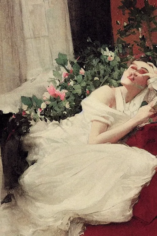Image similar to european woman in a gown laying on couch, bloom flowers, modern, eclectic, illustration, by ramon casas