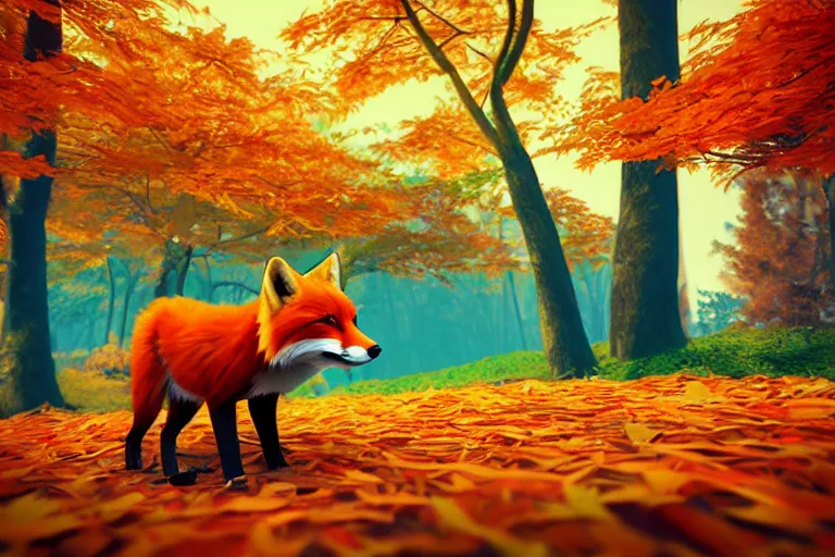 Image similar to super detailed color lowpoly art, red fox in an autumn maple forest, unreal engine, retrowave color palette, 3 d render, lowpoly, colorful, digital art, perspective