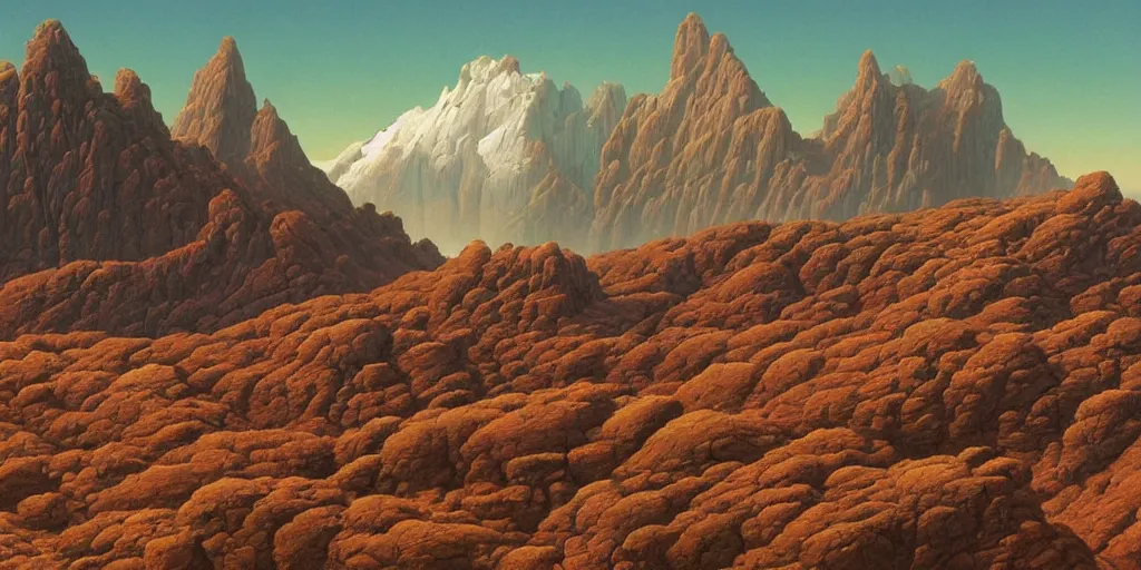 Prompt: beautiful rendered in zbrush ancient painting of a beatiful scenic mountain range surrounded by holographic Myrtle squares, by Jean Giraud and Zdzisław Beksiński and Chesley Bonestell and James Gurney