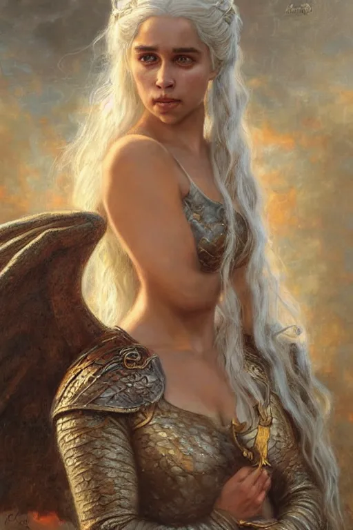 Prompt: portrait of daenerys targaryen. art by gaston bussiere and tomasz alen kopera.