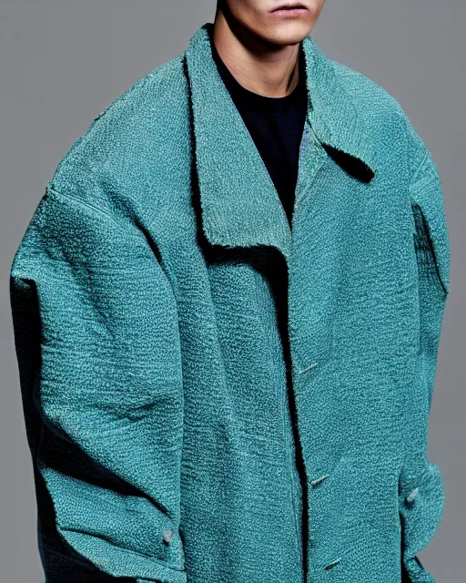 Image similar to an award - winning photo of a male model wearing a cropped baggy teal distressed medieval menswear harrington jacket by issey miyake, 4 k, studio lighting, wide angle lens