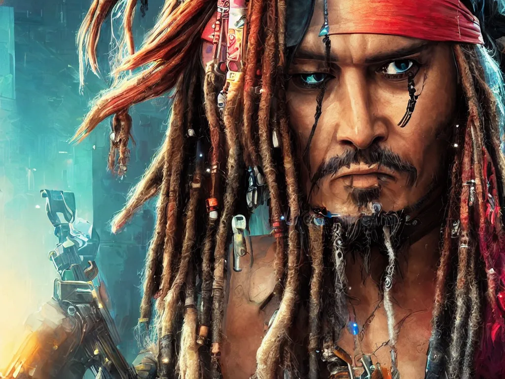 Image similar to jack sparrow in the game of cyberpunk 2 0 7 7, portrait, focus, 3 d illustration, sharp, intricate, poster