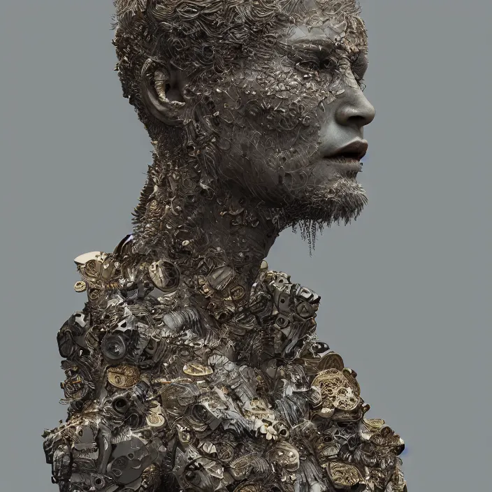 Image similar to a portrait of a stoic statue wearing clothes, aesthetic, naturel, hyper detailed, digital sculpture, trending in artstation, cinematic lighting, studio quality, smooth render, unreal engine 5 rendered, octane rendered, art style by klimt and nixeu and ian sprigger and wlop and krenz cushart