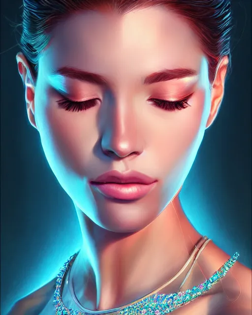 Image similar to gemstone beauty portrait, artgerm, sparkling gems, iridescent, shining light, warm glow, photorealism