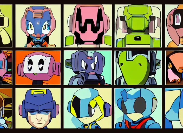 Image similar to a 3 - by - 3 grid of 9 framed closeup face portraits of cute evil robots, in the style of mega man.