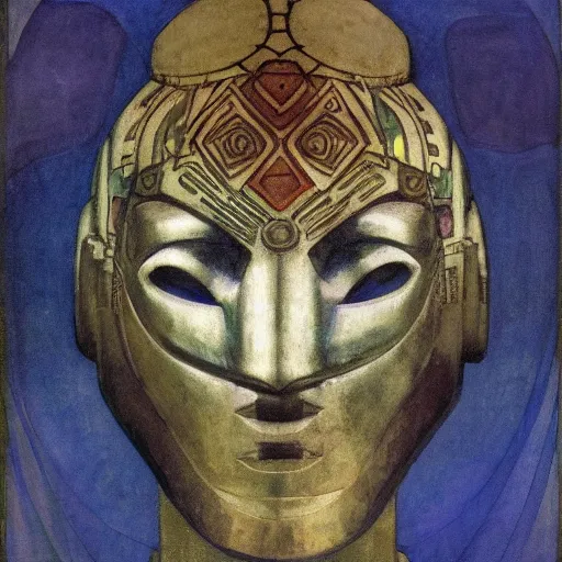 Image similar to head of a beautiful machine shaman wearing a mask made of metal flowers, by annie swynnerton and nicholas roerich and jean delville and john watkiss, art deco shaman, stylized geometric flowers, art brut, symbolist, dramatic lighting, god rays, iridescent beetles, clean crisp graphics, smooth sharp focus, extremely detailed, adolf wolfli