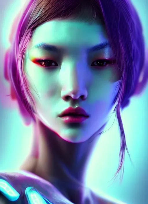 Image similar to photorealistic portrait of oriental female humanoid, cyber neon lights, highly detailed, cyberpunk high fashion, elegant, crispy quality, trending in artstation, trending in pinterest, glamor pose, no signature, no watermark, cinematic, art by pascal blanche