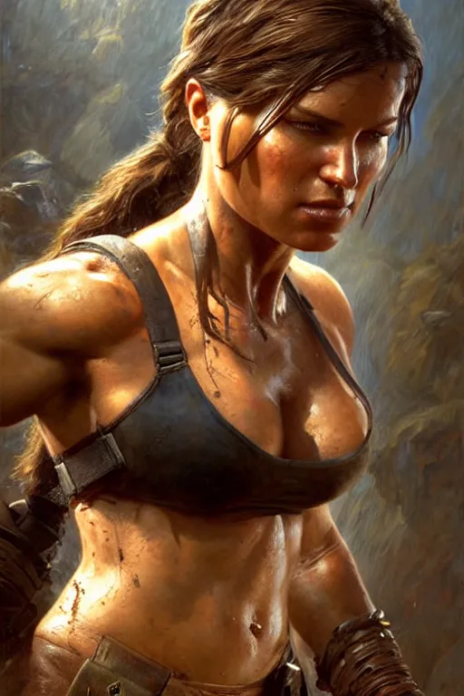 Image similar to muscular sweat lara croft, covers with mud exhausted face close up, highly detailed painting by gaston bussiere, craig mullins, j. c. leyendecker 8 k