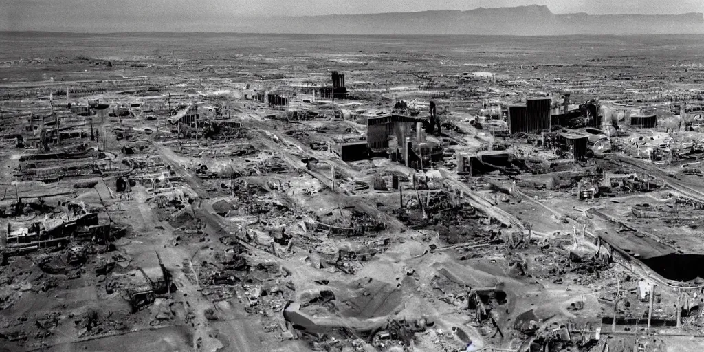 Image similar to ariel shot of irradiated post apocalyptic nuclear wasteland 1950s future destroyed las vegas strip black and white award winning photo highly detailed Arriflex 35 II, lighting by stanley kubrick