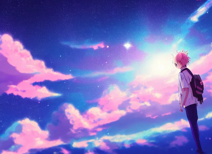 Prompt: pink and blue sky, japanese anime, comet in the sky, nebula, galaxy, Your Name movie style, main character standing looking at sky, wallpaper, 4k, 8k, digital art, wallpaper, artstation