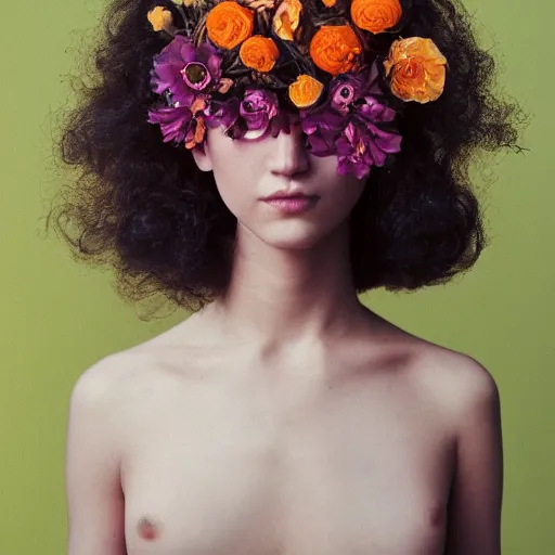 Image similar to a flower / human hybrid, fashion medium format color photo